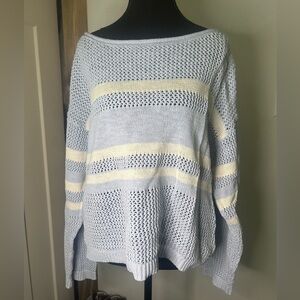 Sanctuary Light Blue & Cream Open-Knit Off-Shoulder Sweater Beach Coastal